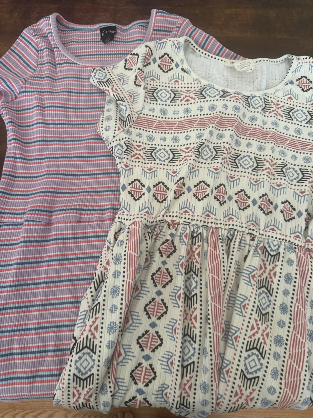 Two-Piece Girls' Dress Set — Striped Tee & Printed Dress, Pink/Blue